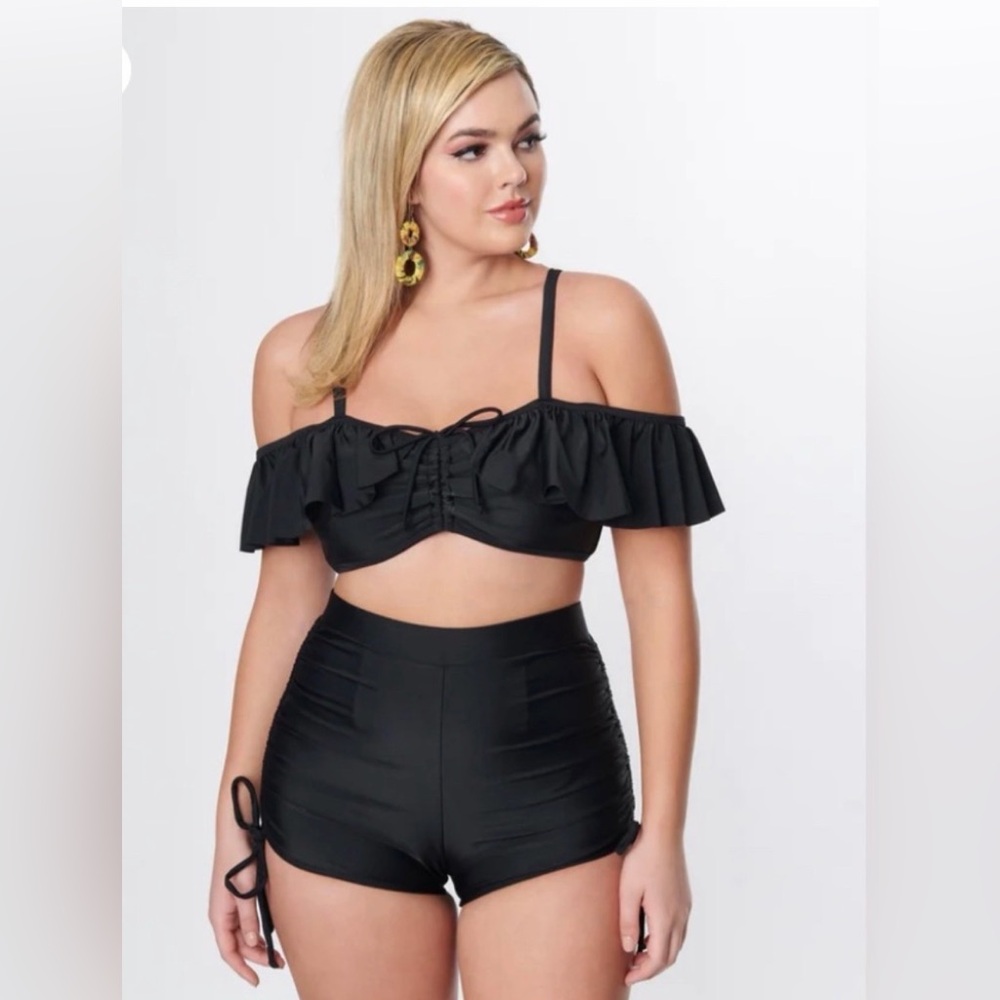 Unique Vintage Black Pull-Tie High-Waist Swim Shorts Only NWT